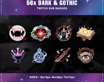 May include: A collection of 56 dark and gothic Twitch sub badges. The image features various designs, including a mouth with sharp teeth, a heart with barbed wire, a burning candle, an open book, a potion, a pendant with a star, a sword, and an eye. The sizes are 18x18px, 36x36px, and 72x72px.