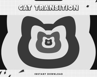 May include: Animated cat transition graphic with the text "CAT TRANSITION" in bold, white letters with a black outline. The graphic is set against a white and gray grid background.
