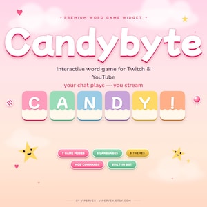以下が含まれることがあります： TwitchとYouTube向けのインタラクティブワードゲーム「Candybyte」を宣伝するピンクと白のグラフィック。タイトルは大きな白いバブルレターで表示されています。その下に、単語「CANDY！」がカラフルな正方形のブロックで綴られています。追加のテキストは、ゲームの機能と作成者のEtsyショップを強調しています。