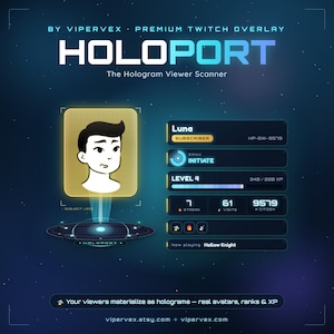 May include: A digital Twitch overlay titled HOLOPORT featuring a dark blue space background. It displays a holographic avatar of a person, a subscriber status for Luna, rank Initiate, level 4 progress, and stats including streak, visits, and citizen ID.