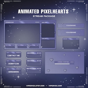 Animated Stream Package Overlay Pixel Hearts, Pixel Stream Pack, Hearts Pixel Animated Overlays