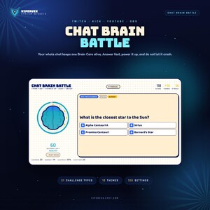 May include: A digital stream widget interface titled Chat Brain Battle featuring a blue brain icon, a multiple-choice question about the closest star to the Sun, score tracking, and game statistics displayed on a light-colored rectangular panel.