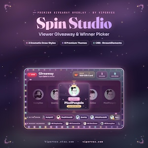 May include: A digital giveaway overlay for streaming software titled Spin Studio. The interface features a dark purple theme with glowing accents, displaying a live giveaway window, a winner announcement box, and lists of participants and recent winners.