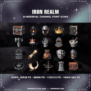May include: An image featuring 34 medieval channel point icons, including a treasure chest, helmet, crown, axe, and scroll. The text "IRON REALM" and "34 MEDIEVAL CHANNEL POINT ICONS" are displayed at the top. The image also includes the website address.