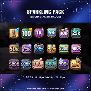 Könnte beinhalten: Ein Set von 18 Kristall-Bit-Abzeichen mit Zahlen von 1 bis 1M, in einem glitzernden Paket. Jedes Abzeichen hat ein einzigartiges Design und Farbschema, mit Größen von 18x18px bis 72x72px. Der Text "SPARKLING PACK" und "18x CRYSTAL BIT BADGES" sind zu sehen.