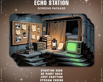 May include: An illustrated digital art print titled "Echo Station Screens Package". The artwork depicts a vintage-style room with a bulletin board, a radio, a lamp, and a TV screen displaying "Starting Soon". The print includes text: "Starting Soon, Be Right Back, Just Chatting, Stream Ending, Offline Mode".