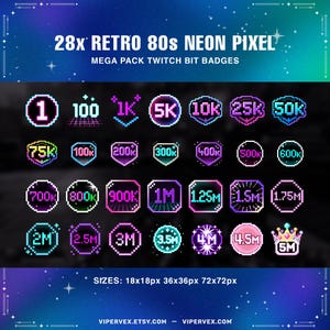 May include: A collection of 28 retro 80s neon pixel Twitch bit badges. The badges feature various numbers and symbols in vibrant colors like pink, purple, and green. The image includes text that says "MEGA PACK TWITCH BIT BADGES" and "SIZES: 18x18px 36x36px 72x72px".
