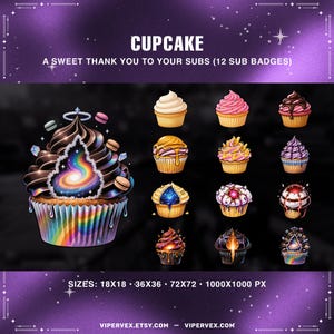 May include: Digital cupcake badges with diverse designs, including a galaxy-themed cupcake and others with colorful frosting. The text reads "CUPCAKE" and "A SWEET THANK YOU TO YOUR SUBS (12 SUB BADGES)". Sizes are listed as 18x18, 36x36, 72x72, and 1000x1000 px.