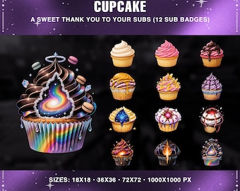 Insignias de suscripción de Twitch para cupcakes / Set de niveles con glaseado pastel y chispas (descarga digital)