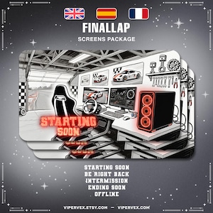 May include: A black and white illustration of a racing-themed streaming overlay package. The image includes a racing cockpit, computer monitors displaying race data, and the text "STARTING SOON". The package includes screens for "BE RIGHT BACK", "INTERMISSION", "ENDING SOON", and "OFFLINE".