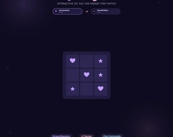 May include: A digital graphic for a Twitch interactive tic-tac-toe widget, titled "Starlit Duel." The design features a dark purple background with a tic-tac-toe grid of hearts and stars. Text includes "StardustFoe" and "MoonlitVibes."
