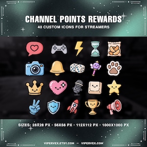 Peut inclure: Ensemble de 40 icônes personnalisées pour streamers, avec diverses illustrations colorées. Les icônes incluent un cœur, une manette de jeu, un éclair, un sablier, un appareil photo, une cloche, des dés, une baguette magique, une empreinte de patte, une couronne, un microphone, etc.