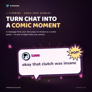 Op de afbeelding: Een digitale chat-overlay afbeelding met de tekst TURN CHAT INTO A COMIC MOMENT. Daaronder toont een tekstballon een gebruiker genaamd Luna met het bericht okay that clutch was insane, vergezeld door een gele sterfiguur met de tekst POP.