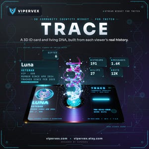 May include: A digital stream widget for Twitch titled TRACE, featuring a 3D ID card with a glowing pink and blue DNA helix. The interface displays user data including Luna, 191 streams, 1.6K messages, 27 clips, and 12K bits on a dark background.