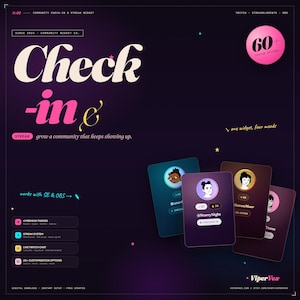 May include: A digital graphic with the words "Check-in" in a stylized font, promoting a community widget. The design features user profile cards and a pink circle with "60+ custom options". The text "grow a community that keeps showing up" is also included.