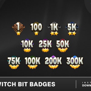 May include: A set of 10 Twitch bit badges with different values, ranging from 1 to 300,000. The badges are designed with a diamond shape and feature a gold, silver, or bronze color scheme. The text "TWITCH BIT BADGES" is displayed at the bottom of the image.