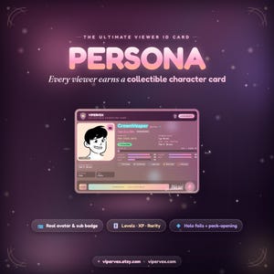 Könnte beinhalten: Eine digitale Sammel-Charakterkarte mit dem Titel Persona in einem violetten und rosafarbenen Farbverlauf. Die Karte zeigt einen Cartoon-Avatar, den Namen CrownVesper, Abonnentenstatus, Level, XP-Leisten und Seltenheitsbezeichnungen auf dunklem Grund.