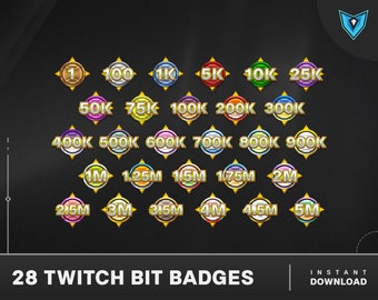 May include: A set of 28 Twitch bit badges with gold borders and various colors. The badges display different bit amounts, starting with 1 and increasing to 5 million.