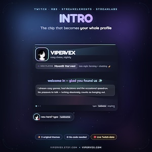 Op de afbeelding: Een digitale streaming overlay-sjabloon getiteld INTRO met een donkerpaarse en blauwe gradiëntachtergrond. De interface toont een gebruikersprofiel voor VIPERVEX, een sectie voor Moonlit Harvest en een welkomstbericht voor kijkers.