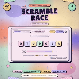 Twitch Word Scramble Chat Game · Interactive Stream Overlay Widget · OBS Streamlabs StreamElements · Pixel Pastel