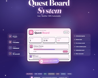 May include: A digital graphic with a purple and blue gradient background. The text "Quest Board System" is displayed in white and pink. The graphic includes a quest board interface with various features and options for live streaming.