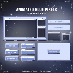 Animiertes Twitch Overlay Blaue Pixel, Twitch Overlay Gemütlich, Kawaii Twitch Overlay, Stream Overlay Paket Niedlich