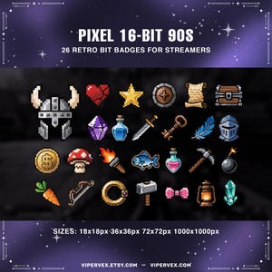 以下が含まれることがあります： ストリーマー向けの26個のレトロピクセルアートバッジのコレクション。ハート、星、剣、鍵などの様々なアイコンが特徴です。上部のテキストは「PIXEL 16-BIT 90S」と書かれています。下部のテキストは「SIZES: 18x18px-36x36px 72x72px 1000x1000px」と書かれています。