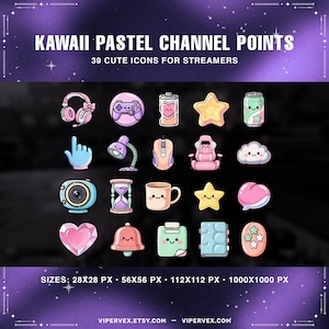 Op de afbeelding: Een verzameling van 39 Kawaii pastel kanaalpuntsymbolen voor streamers. De iconen omvatten een headset, gamecontroller, batterij, ster, frisdrankblikje, hand, bureaulamp, muis, gamestoel, wolk, camera, zandloper, mok, ster, perzik, hart, bel, notitieboek en ei.