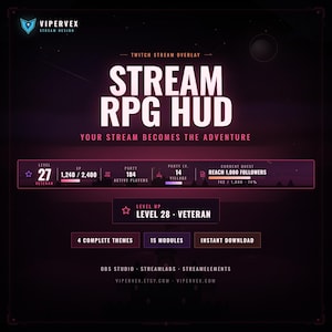 May include: A dark-themed digital stream overlay package titled Stream RPG HUD. It features a glowing pink interface with RPG-style stats, including level, XP, party size, and quest progress. Includes text labels for 4 complete themes and 15 modules.