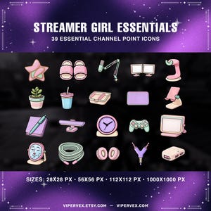 Puede incluir: Gráfico digital con el texto "STREAMER GIRL ESSENTIALS" y "39 ESSENTIAL CHANNEL POINT ICONS". La imagen presenta 19 iconos, incluyendo una estrella, zapatillas, un micrófono, monitores y una planta. También incluye el texto "SIZES: 28x28 px - 56x56 px - 112x112 px - 1000x1000 px".