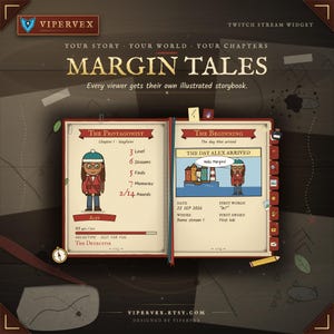 Op de afbeelding: Een digitale Twitch-streamwidget genaamd Margin Tales, met een open geïllustreerd verhalenboek. De linkerpagina toont karakterstatistieken voor Alex, terwijl de rechterpagina een stripverhaalpaneel met tekst bevat.