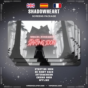 Horror Gothic Twitch Overlay Pack – Stream Screens for Vtuber and Anime | Starting Soon, Be Right Back, Offline in English, French, Spanish