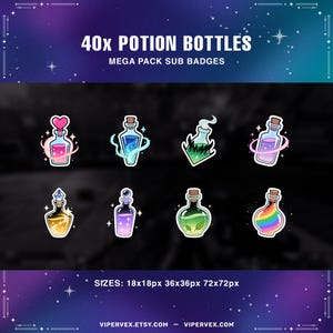 Puede incluir: Un conjunto de 40 diseños de botellas de pociones con varios colores y efectos, con texto que dice "40x POTION BOTTLES MEGA PACK SUB BADGES" y "SIZES: 18x18px 36x36px 72x72px".