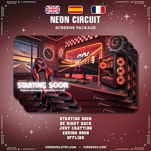 Puede incluir: Paquete de pantallas Neon Circuit con una ilustración de configuración de juego. La imagen presenta un tema de carreras con una computadora, monitor y silla de juego. El texto incluye "Starting Soon" y otros mensajes de estado. La combinación de colores es principalmente roja y negra.