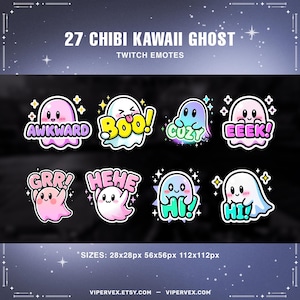 Emotes Kawaii Ghost Chibi para Twitch – Pacote de Emotes PNG fofos para Twitch, Discord, YouTube e TikTok