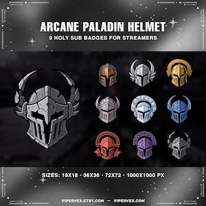 May include: Digital artwork showcasing nine helmet designs in diverse colours, such as silver, gold, and blue. The text "ARCANE PALADIN HELMET" and "9 HOLY SUB BADGES FOR STREAMERS" are displayed. The image also includes size specifications in pixels.
