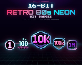 レトロな80年代ネオンピクセルビットバッジ：Twitchストリーマーパック28個（デジタルダウンロード）