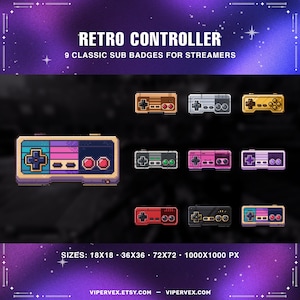 Op de afbeelding: Een digitale afbeelding met negen retro controller sub badges voor streamers. De controllers zijn in verschillende kleuren, waaronder goud, zilver, roze en teal. De tekst "RETRO CONTROLLER" en "9 CLASSIC SUB BADGES FOR STREAMERS" staan bovenaan. De afbeelding bevat ook informatie over de formaten.