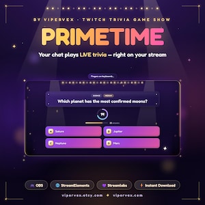 May include: A digital interface for the Primetime Twitch trivia game show. The screen displays a science question asking which planet has the most confirmed moons, with four multiple-choice options: Saturn, Jupiter, Neptune, and Mars.