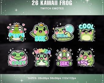 Kawaii kikker Twitch-emotes, chibi-stickers (png)
