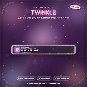 Puede incluir: Una barra de información y alertas digital para plataformas de streaming Twitch y Kick, con una interfaz rectangular de color morado oscuro con borde brillante, que muestra seguidores, espectadores y el texto Twinkle by Vipervex.