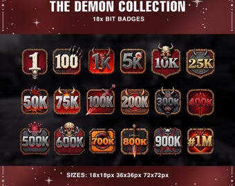 May include: A collection of 18-bit badges with a demonic theme. Each badge features a number or symbol, such as a skull, claw, or sword, with values ranging from 1 to 1M. The badges are set against a dark red background with a decorative border.