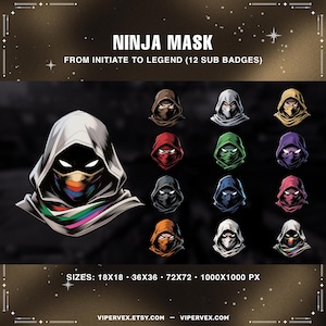 Pode incluir: Impressão de arte digital com um design de máscara ninja com capuz branco e cobertura facial preta. A imagem inclui 12 sub-insígnias em várias cores, com o texto "NINJA MASK" e "FROM INITIATE TO LEGEND (12 SUB BADGES)". Tamanhos: 18x18, 36x36, 72x72 e 1000x1000 px.