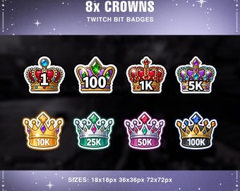 Crown Twitch Bit Badges | 8 Royal Gamer Badges for Twitch, YouTube & Discord
