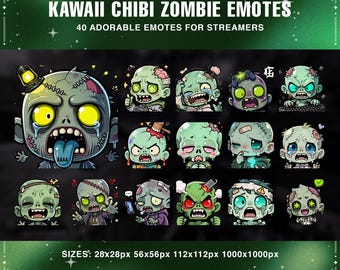 May include: A collection of Kawaii Chibi Zombie emotes for streamers. The emotes feature various cartoon zombie characters with different expressions and accessories. The image includes the text "KAWAII CHIBI ZOMBIE EMOTES" and "40 ADORABLE EMOTES FOR STREAMERS".