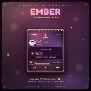 May include: A digital interface titled Ember, The Ultimate Daily Check-In, featuring a user profile for Lumi with a 12-day streak. The dark purple dashboard displays rewards of 120 petals, 60 XP, a level 18 flame progress bar, and 2,060 total petals.