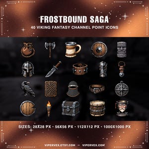 Puede incluir: Ilustración digital con 40 iconos de puntos de canal de fantasía vikinga. Los iconos incluyen una bolsa de cuero, un hacha, una jarra, un escudo, un casco, un cuchillo, un cuervo, una antorcha, un cofre y más. El texto "FROSTBOUND SAGA" está en la parte superior.