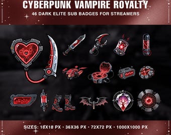 Insignias de suscripción de Twitch de Cyberpunk Vampire / Íconos de ciencia ficción góticos neón • Megapaquete de insignias de suscriptor (46 PNG)