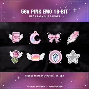 May include: A set of 16-bit pixel art sub badges in pink, white, and grey. The badges feature a heart-winged book, a crescent moon, a bow, a feather, a rose, a candy with wings, a gem, and a star. Text reads "56x PINK EMO 16-BIT MEGA PACK SUB BADGES."