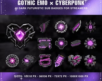 Gothic Emo Cyberpunk Twitch Sub Badges | Dark Neon Tech Icons • Futuristic Subscriber Badge Mega Pack (PNG)